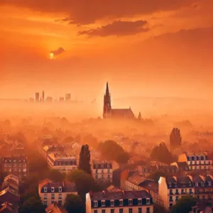 Ciel orange au-dessus d’une ville française durant un épisode de sable saharien.