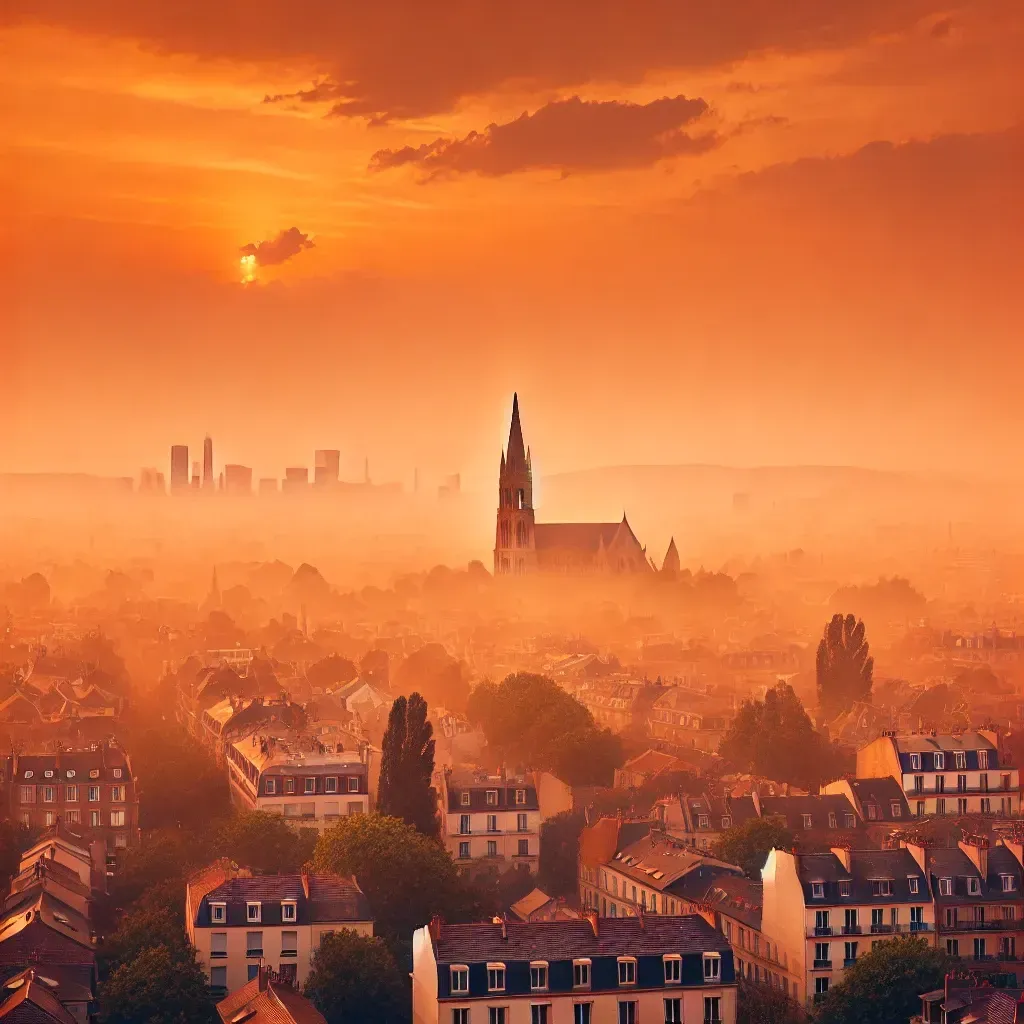 Ciel orange au-dessus d’une ville française durant un épisode de sable saharien.