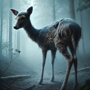 Cerf malade dans une forêt brumeuse avec des signes de dégénérescence.
