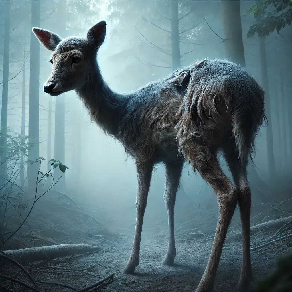 Cerf malade dans une forêt brumeuse avec des signes de dégénérescence.