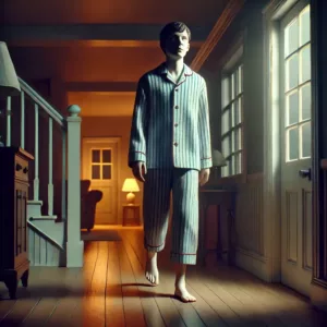 Personne somnambule marchant dans un couloir sombre pendant la nuit.
