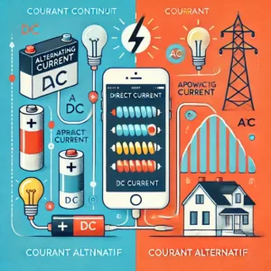 Schéma comparatif du courant alternatif et du courant continu avec icônes explicatives.