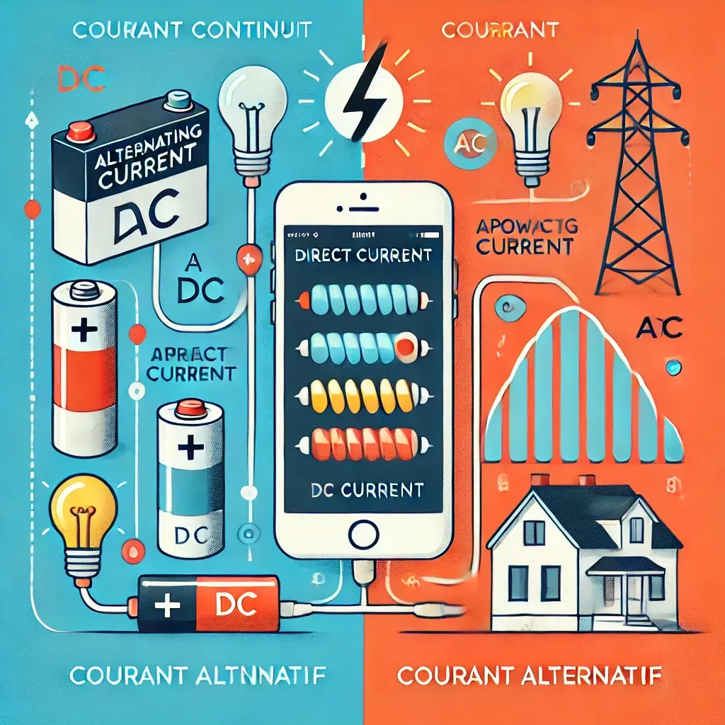 Schéma comparatif du courant alternatif et du courant continu avec icônes explicatives.