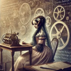 Portrait d'Ada Lovelace écrivant un algorithme devant la machine analytique.