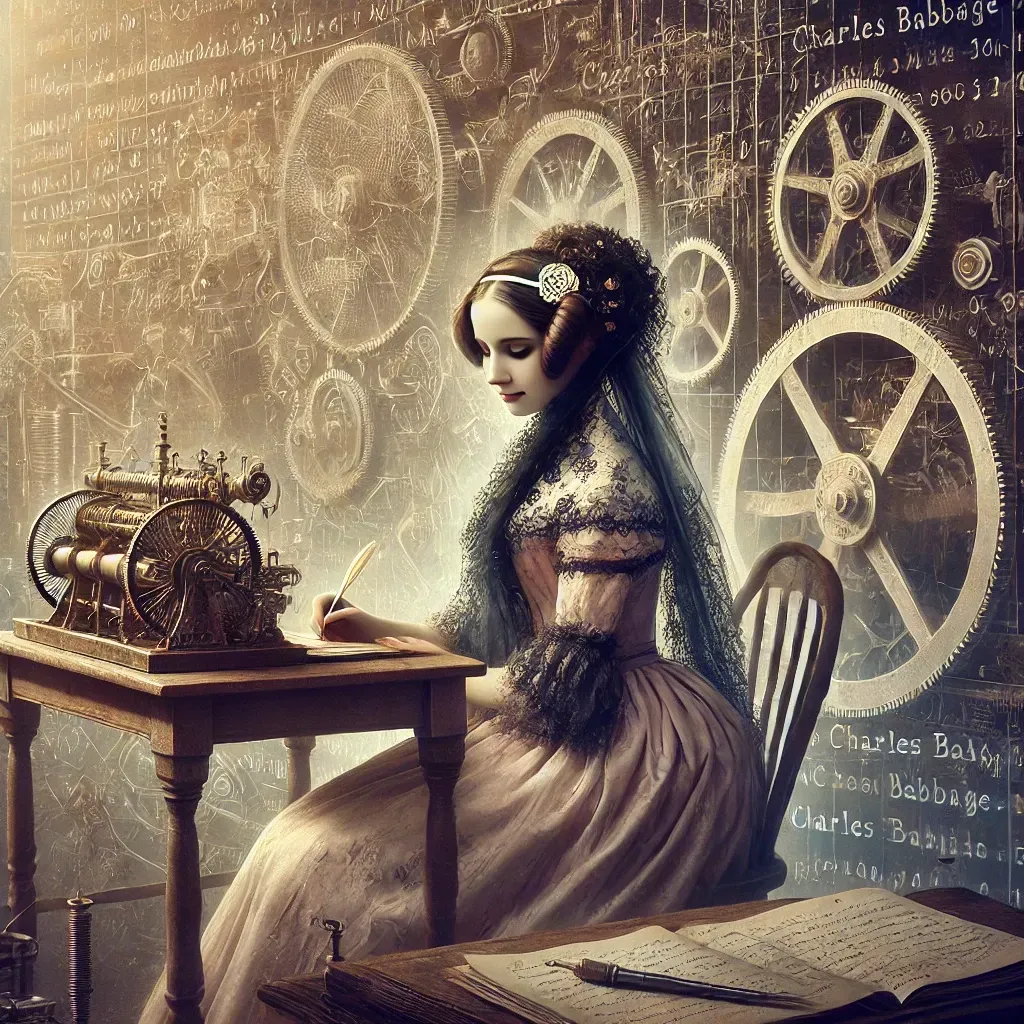 Portrait d'Ada Lovelace écrivant un algorithme devant la machine analytique.