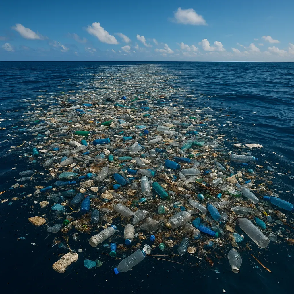 Déchets plastiques dérivant à la surface de l’océan sous un ciel bleu.