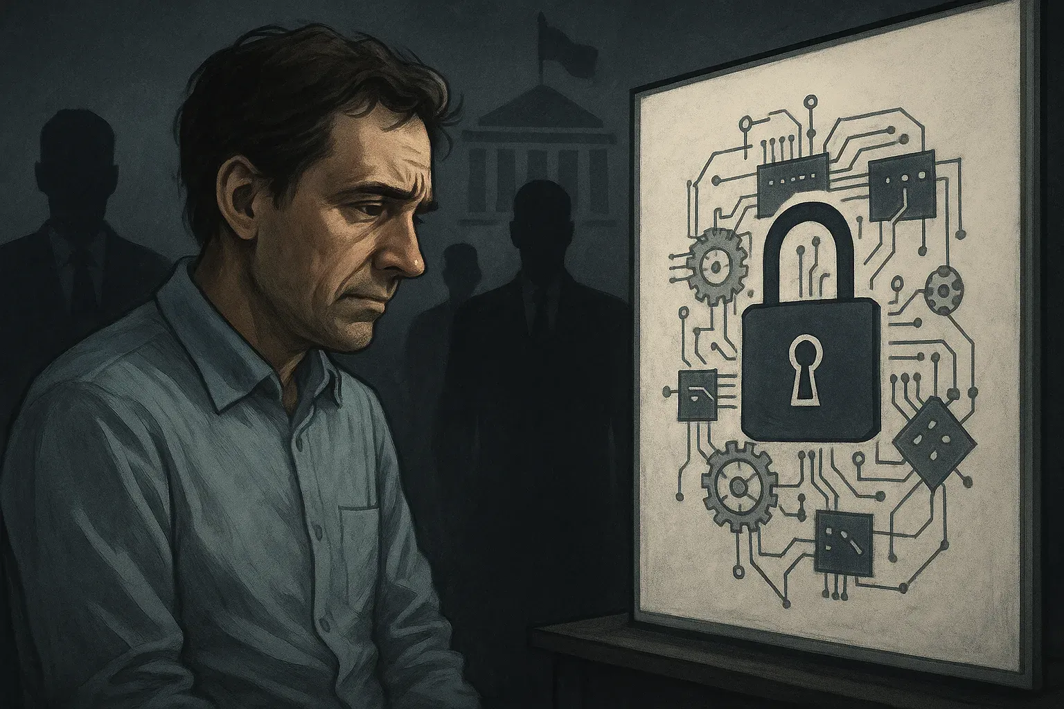 Inventeur inquiet regardant un plan technologique verrouillé sous l’œil d’agents de l’État.