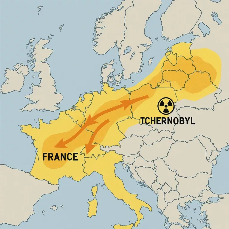 Carte de l'Europe montrant la trajectoire du nuage radioactif de Tchernobyl vers la France.
