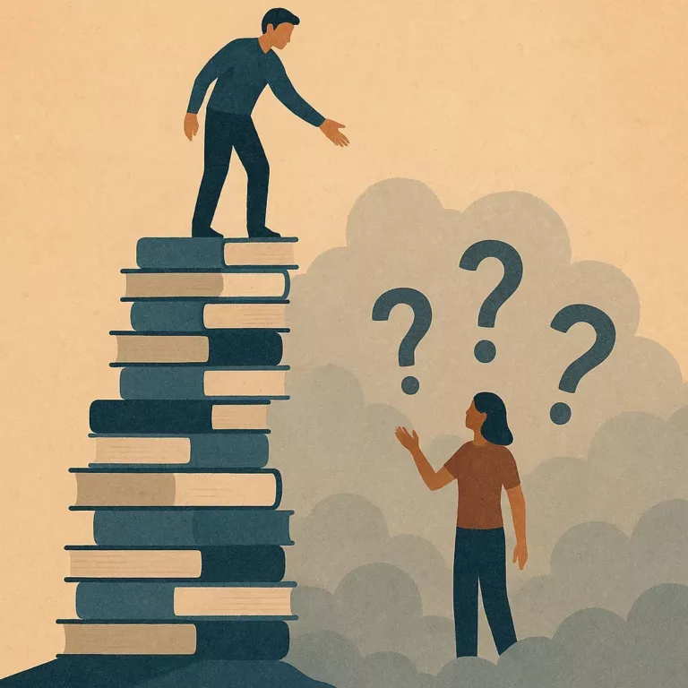 Une personne tend la main depuis une pile de livres vers une autre perdue dans un nuage de points d’interrogation.