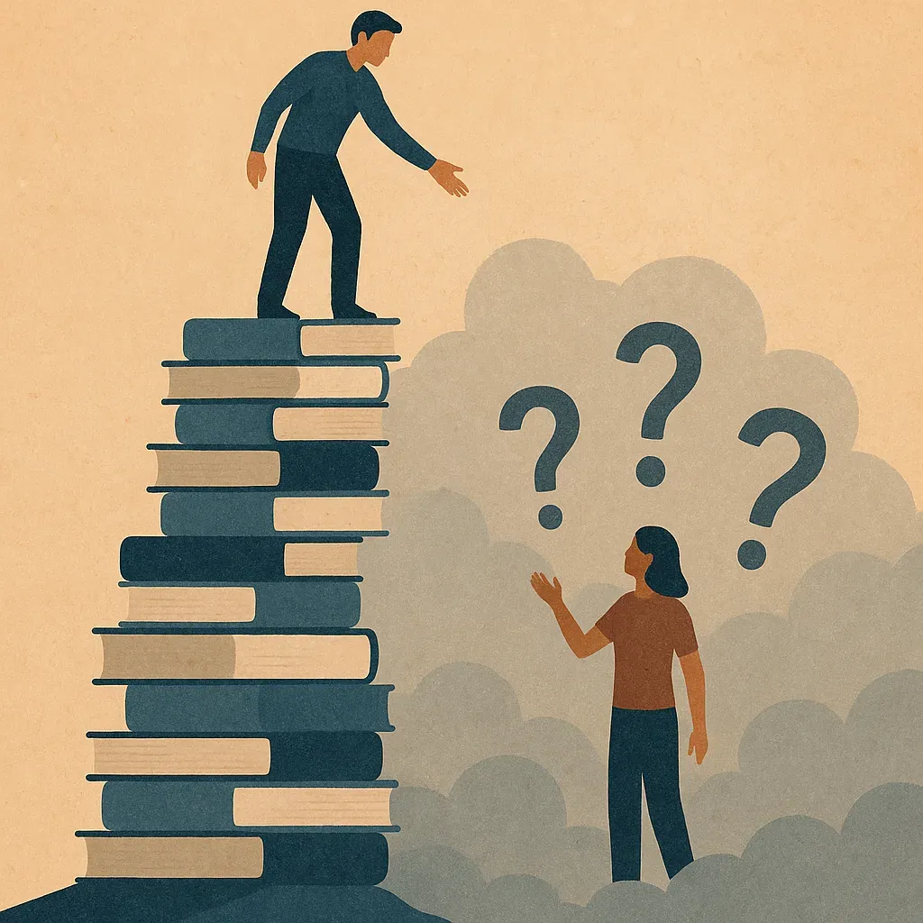 Une personne tend la main depuis une pile de livres vers une autre perdue dans un nuage de points d’interrogation.
