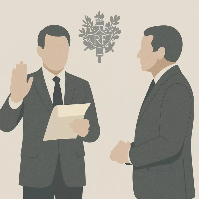 Illustration d’un Premier ministre présentant sa démission au président français.
