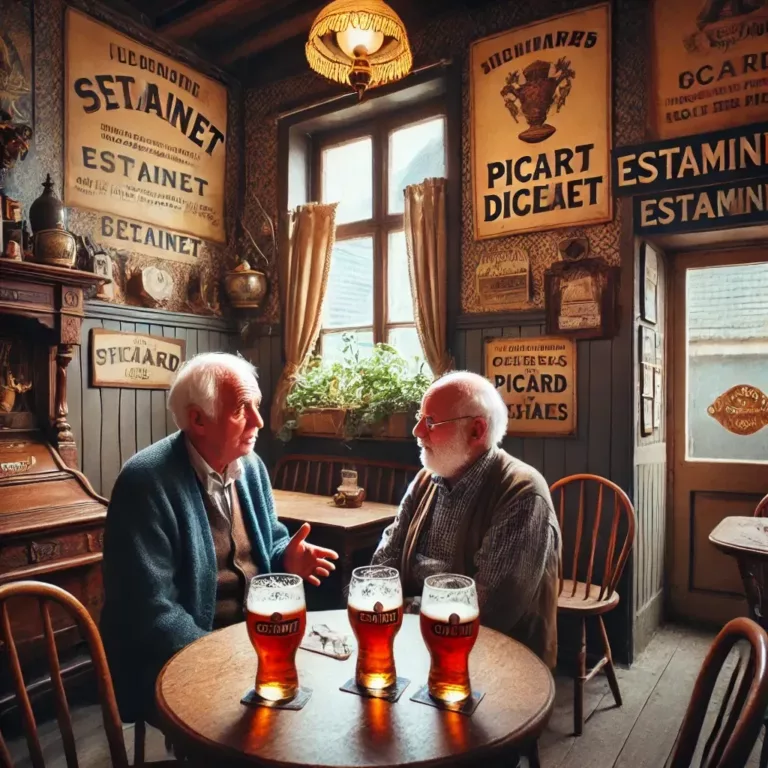 Deux anciens parlent en ch’ti dans un estaminet traditionnel du nord.