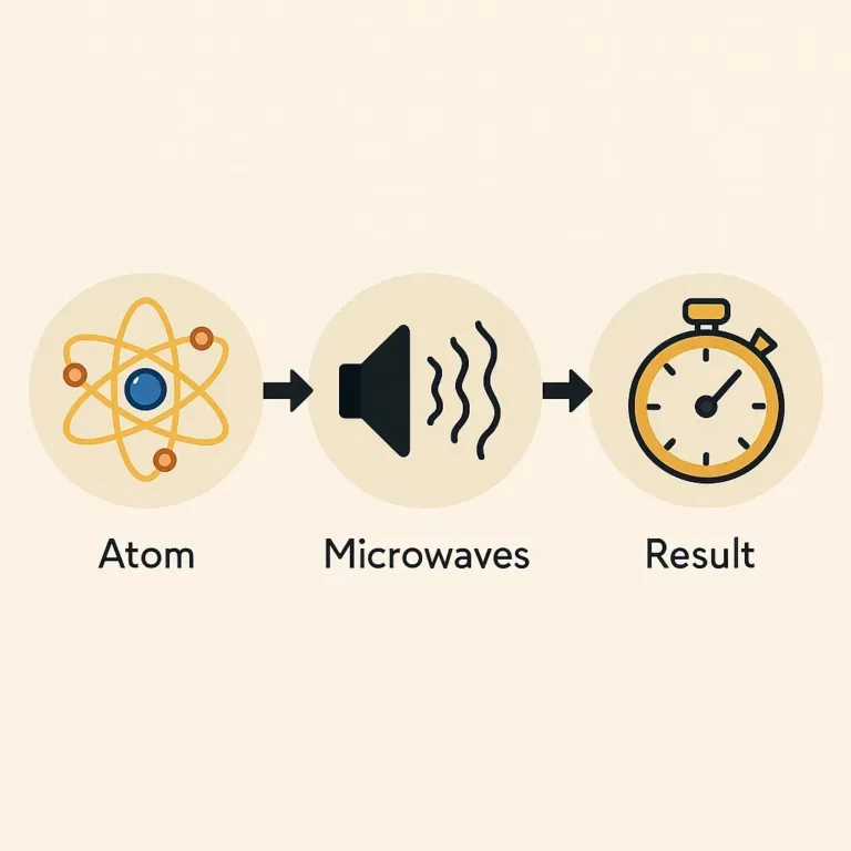 Illustration minimaliste du fonctionnement d’une horloge atomique sans texte explicatif.