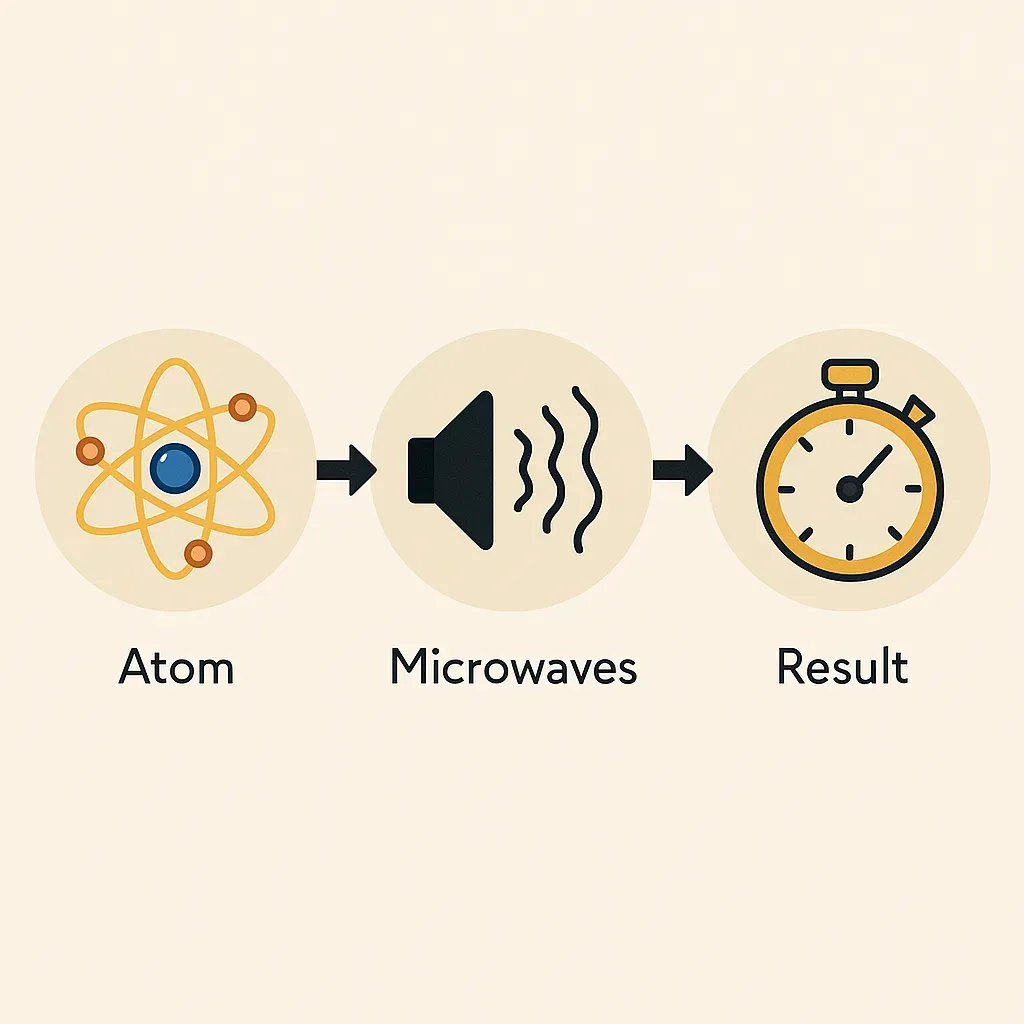 Illustration minimaliste du fonctionnement d’une horloge atomique sans texte explicatif.
