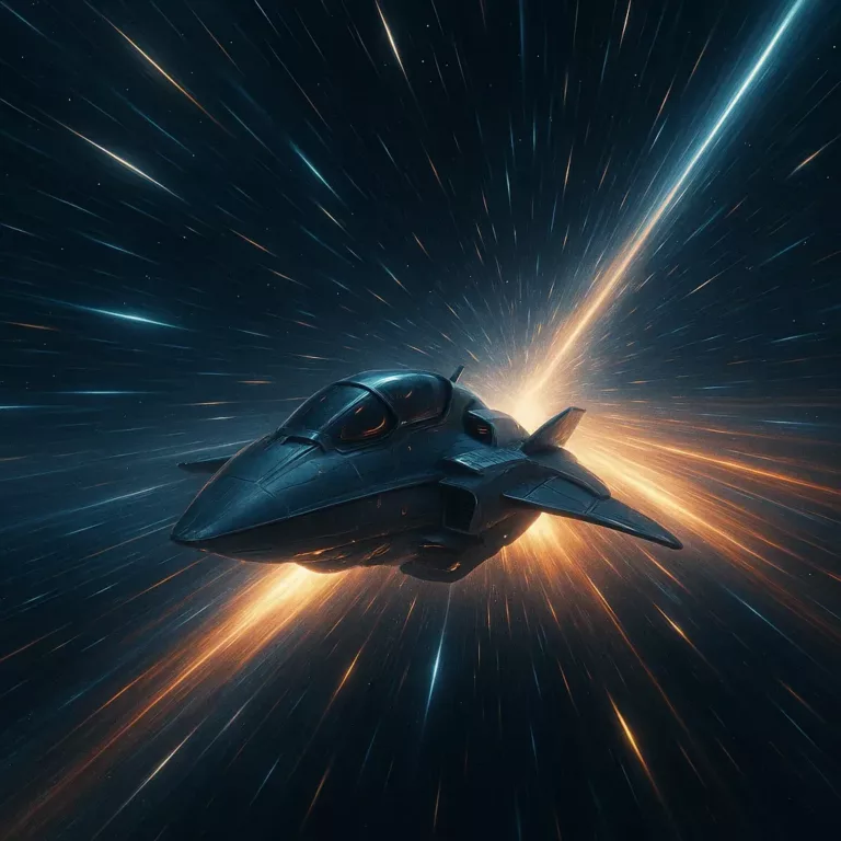 Vaisseau spatial futuriste voyageant à grande vitesse dans l’espace avec des traînées lumineuses.