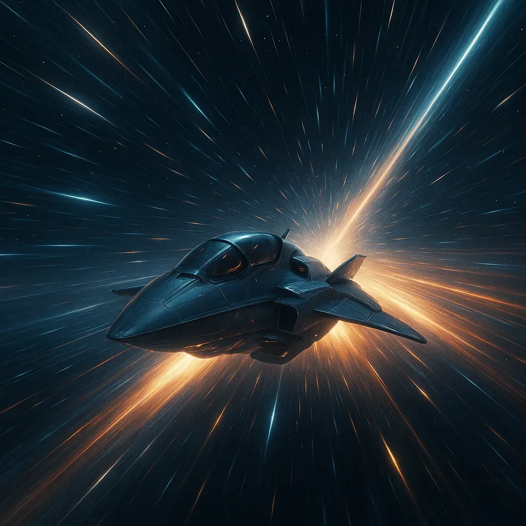 Vaisseau spatial futuriste voyageant à grande vitesse dans l’espace avec des traînées lumineuses.